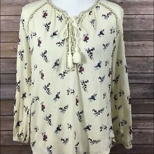 Lucky Brand Ditsy Lace Up Tassel Peasant Boho blouse